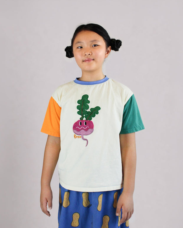 Brrr kids color block T-shirt with turnip embroidery