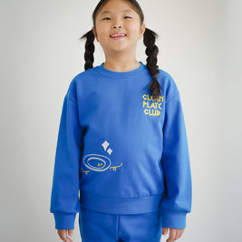Kids blue sweatshirt by Brrr featuring Clean Plate Club embroidery, with playful chain-stitched text “Clean Plate Club” and a clean empty plate motif on the front. Designed in medium-weight cotton blend fabric for kids’ casual wear, combining comfort, durability, and a unique food-inspired design.