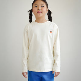 Front view of kids ivory cotton long sleeve t-shirt with embroidered Brrr logo on chest