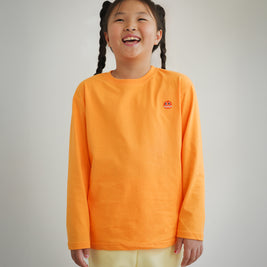 Front view of kids orange cotton long sleeve t-shirt with embroidered Brrr logo