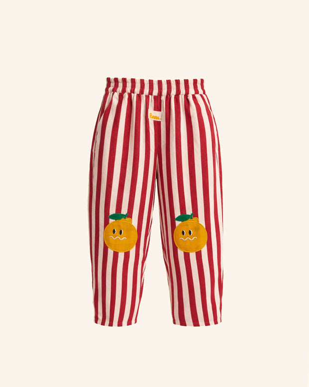 kids red and white stripe pants with orange knee patches cotton kids pants playful unique design brrr kidswear