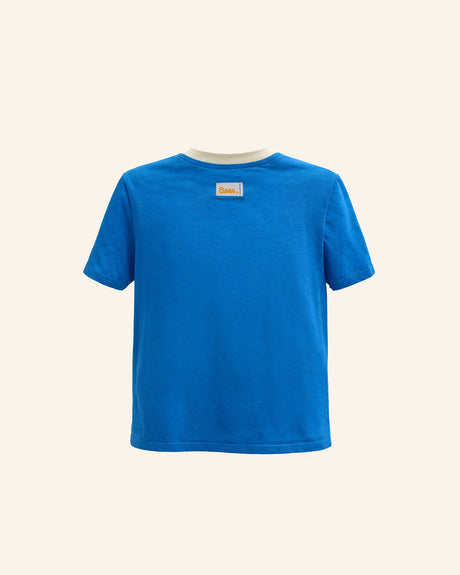 back view kids blue cotton t-shirt simple design comfortable kids tee everyday kidswear brrr
