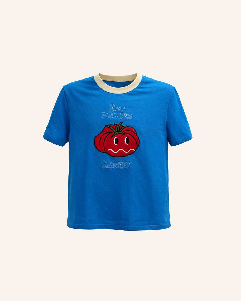 kids blue cotton t-shirt with red tomato embroidery playful kids tee unique kids clothing brrr kidswear