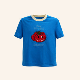 kids blue cotton t-shirt with red tomato embroidery playful kids tee unique kids clothing brrr kidswear