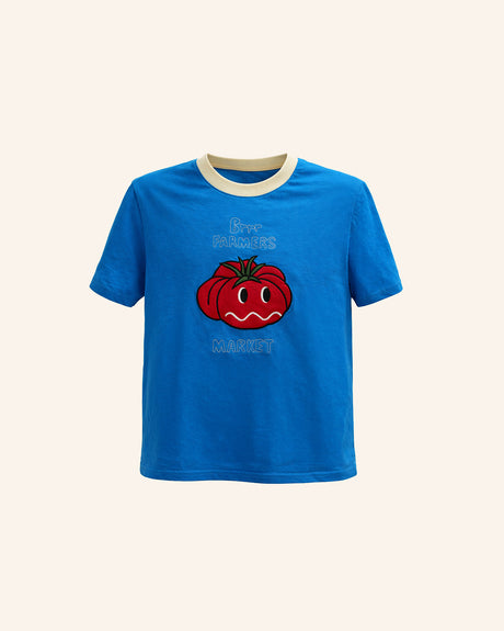 kids blue cotton t-shirt with red tomato embroidery playful kids tee unique kids clothing brrr kidswear