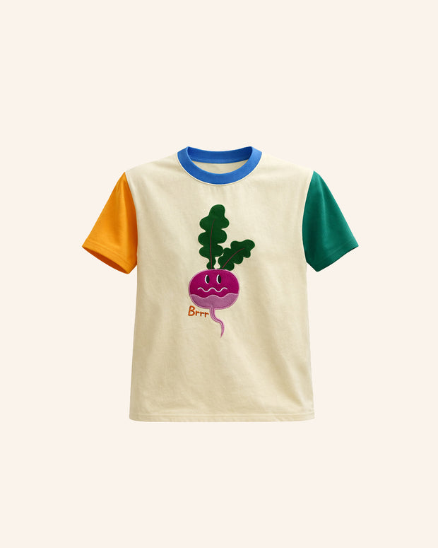 kids cotton color block t-shirt with turnip embroidery playful kids tee unique kids clothing brrr kidswear