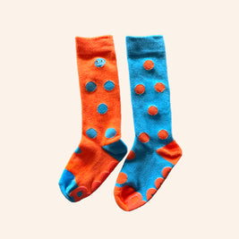 kids orange and blue mismatched polka dot knee high socks stretch cotton blend comfortable kids socks brrr kidswear