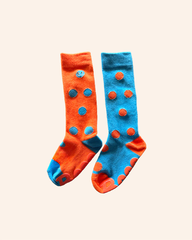 kids orange and blue mismatched polka dot knee high socks stretch cotton blend comfortable kids socks brrr kidswear